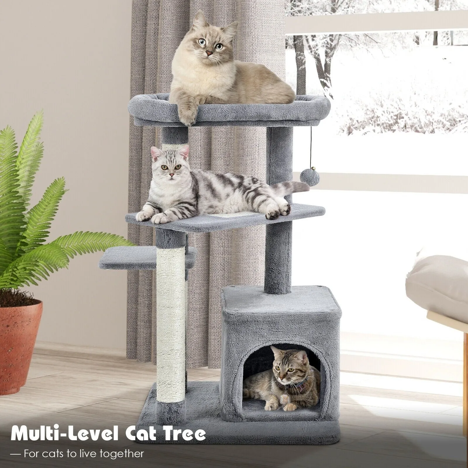 33.5" Cat Tree with Perch and Hanging Ball - Gray