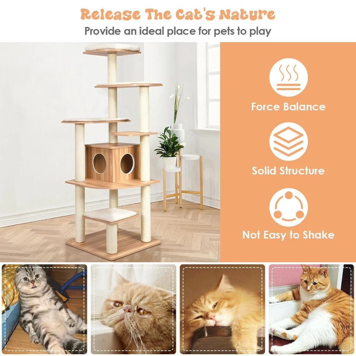 34'' Multi-Layer Wood Platform Cat Tree - Natural