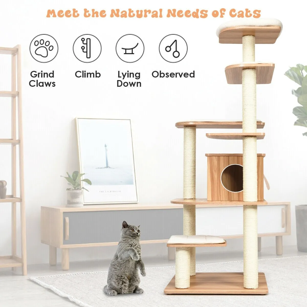 34'' Multi-Layer Wood Platform Cat Tree - Natural