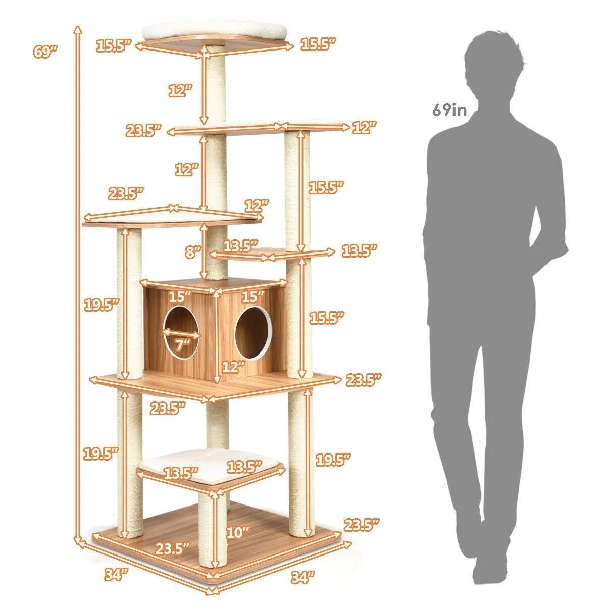 34'' Multi-Layer Wood Platform Cat Tree - Natural