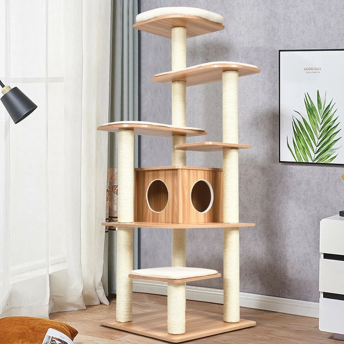 34'' Multi-Layer Wood Platform Cat Tree - Natural