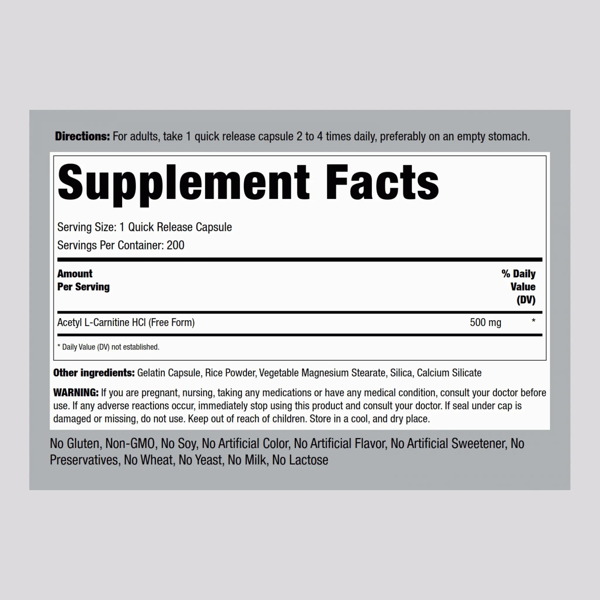 Acetyl L-Carnitine, 500 mg, 200 Quick Release Capsules, 2  Bottles