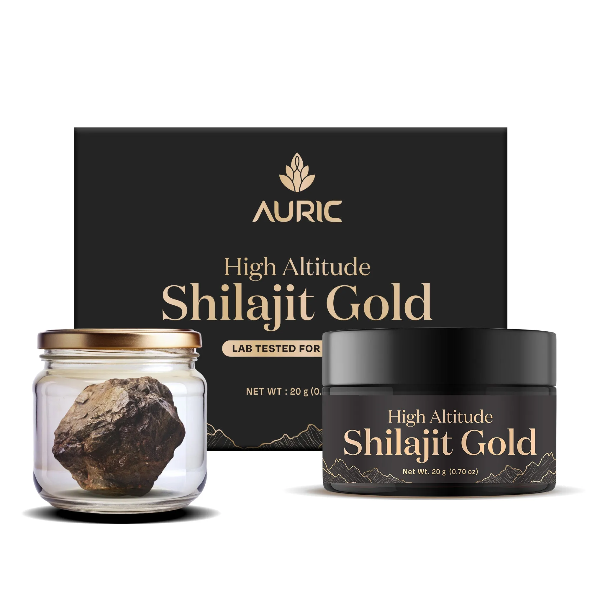 Auric Lab Certified High Altitude Shilajit/Shilajeet Gold Resin 20g | 75% Fulvic Acid   Humic Acid |80  Trace Minerals, Real Brass spoon and Shilajit rock with every order