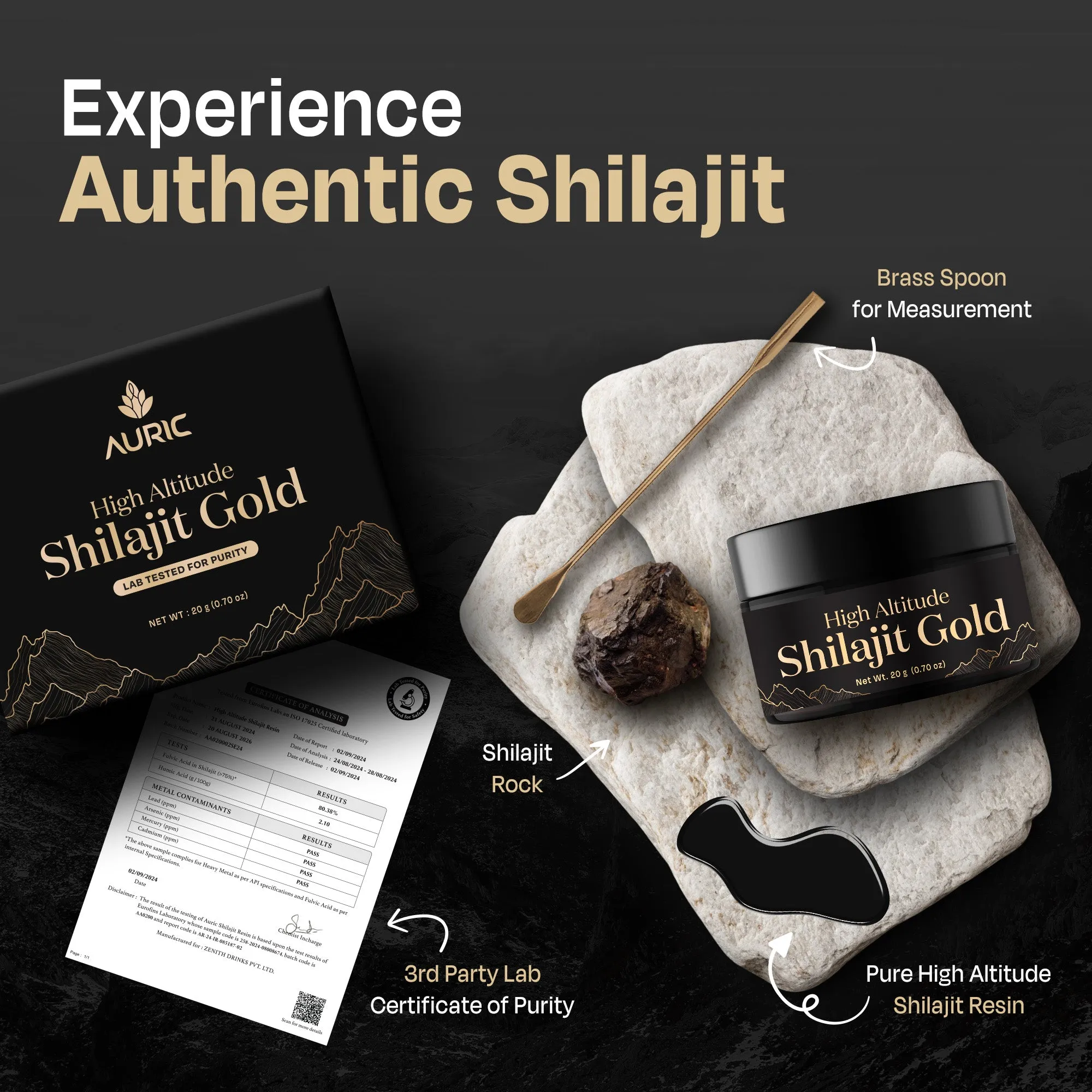 Auric Lab Certified High Altitude Shilajit/Shilajeet Gold Resin 20g | 75% Fulvic Acid   Humic Acid |80  Trace Minerals, Real Brass spoon and Shilajit rock with every order