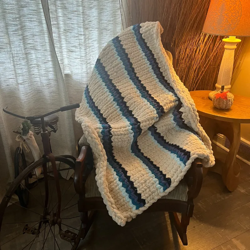 Cozy Hand-Knit Ivory and Blue Striped Blanket (45"x35")