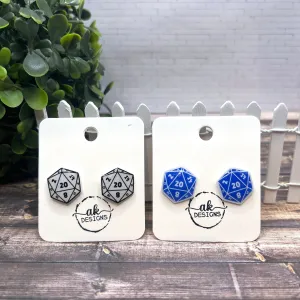 DnD Polyhedral Dice D20 Stud Earrings Hypoallergenic Plastic Resin Gamer Gift