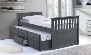 Grey Solid Wood Captain Bed with Trundle and 3 Pullout Drawers
