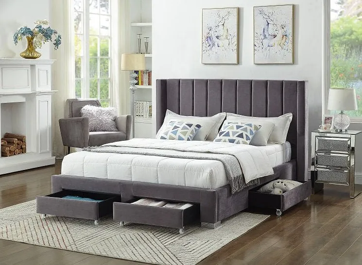 Grey Velvet Winged Storage Bed with Vertical Tufting