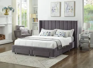Grey Velvet Winged Storage Bed with Vertical Tufting