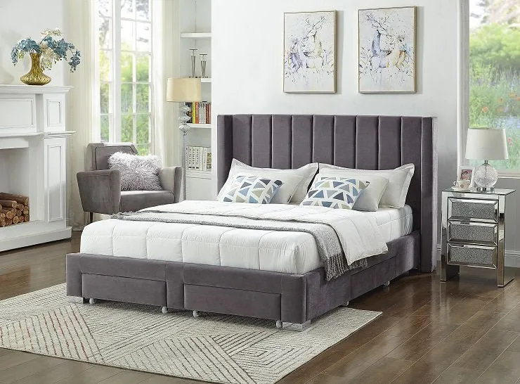Grey Velvet Winged Storage Bed with Vertical Tufting