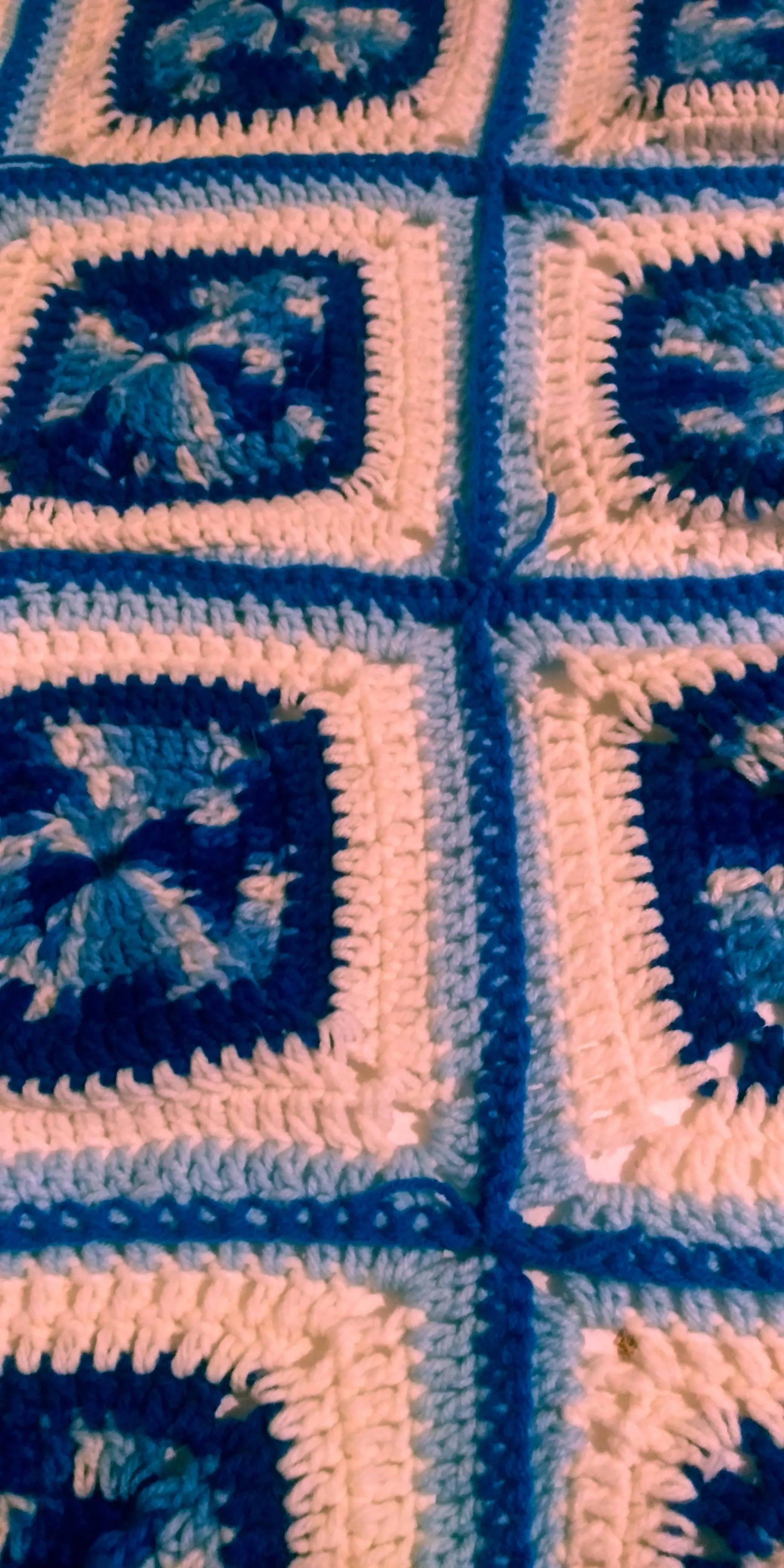 Handmade Granny Square hand crochet of Multi Blue, Whites, Light Blue, with Blue Border Baby Blanket