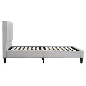 Heli Queen Bed, Gray Linen Upholstered Frame, Vertical Tufted Headboard By Casagear Home