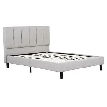 Heli Queen Bed, Gray Linen Upholstered Frame, Vertical Tufted Headboard By Casagear Home