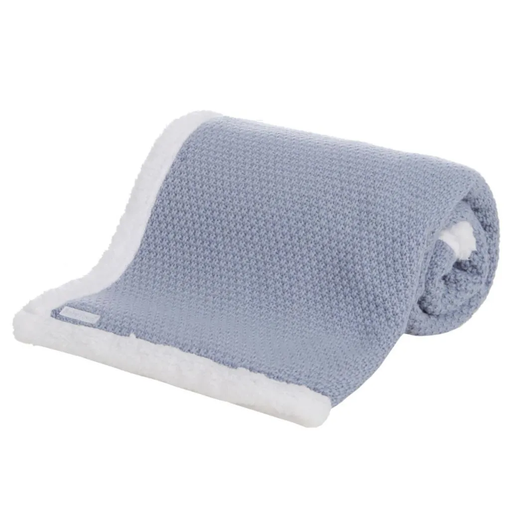 Knitted Baby Blanket - Dusky Blue with Sherpa Back