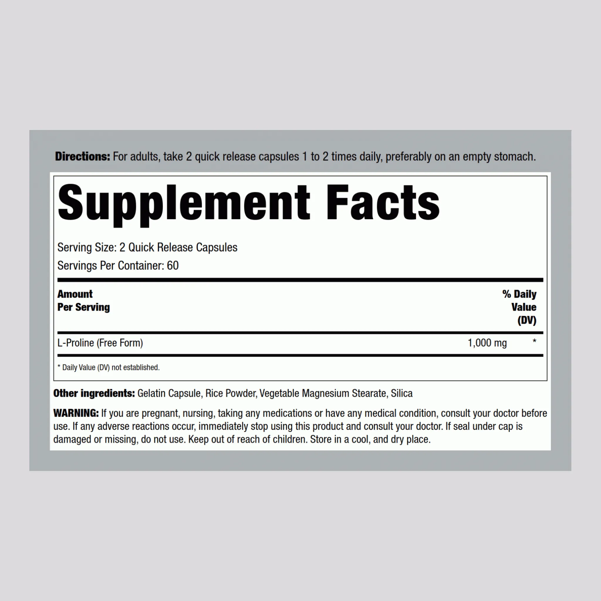 L-Proline, 1000 mg (per serving), 120 Quick Release Capsules