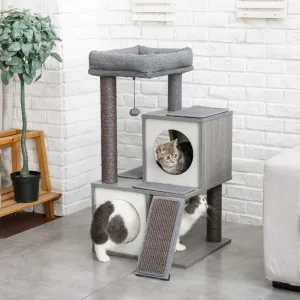 Stylish Cat Tree 35" Two House Plush Condo Sisal Scratcher Posts & Ramp