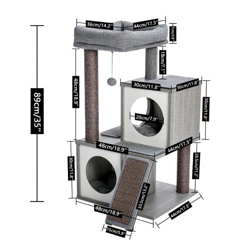Stylish Cat Tree 35" Two House Plush Condo Sisal Scratcher Posts & Ramp