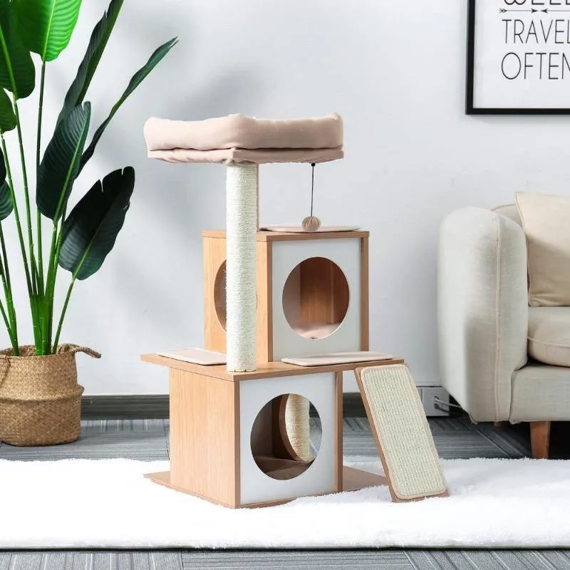 Stylish Cat Tree 35" Two House Plush Condo Sisal Scratcher Posts & Ramp