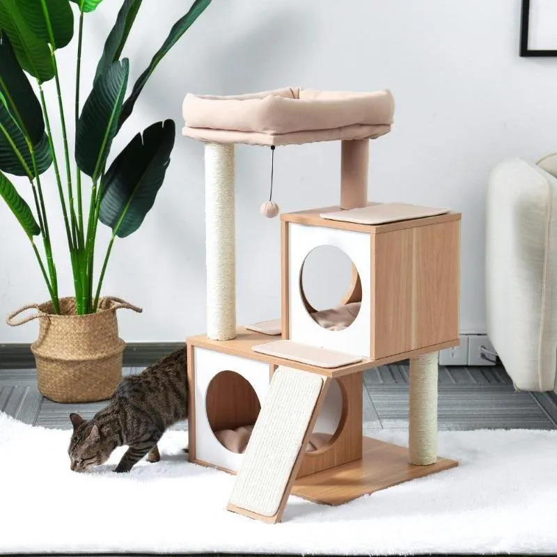 Stylish Cat Tree 35" Two House Plush Condo Sisal Scratcher Posts & Ramp