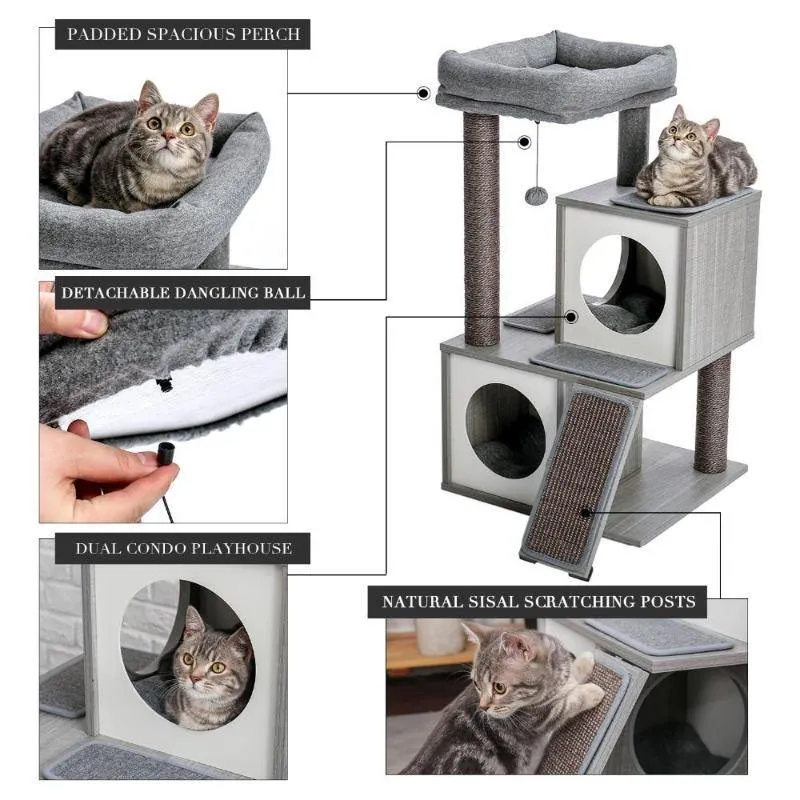 Stylish Cat Tree 35" Two House Plush Condo Sisal Scratcher Posts & Ramp