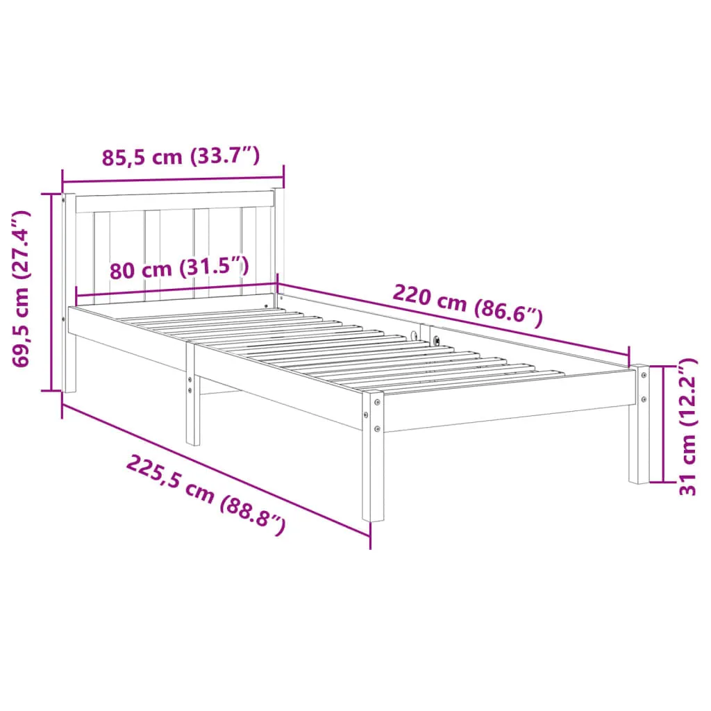 vidaXL Extra Long Bed Frame without Mattress White 80x220 cm Solid Wood Pine