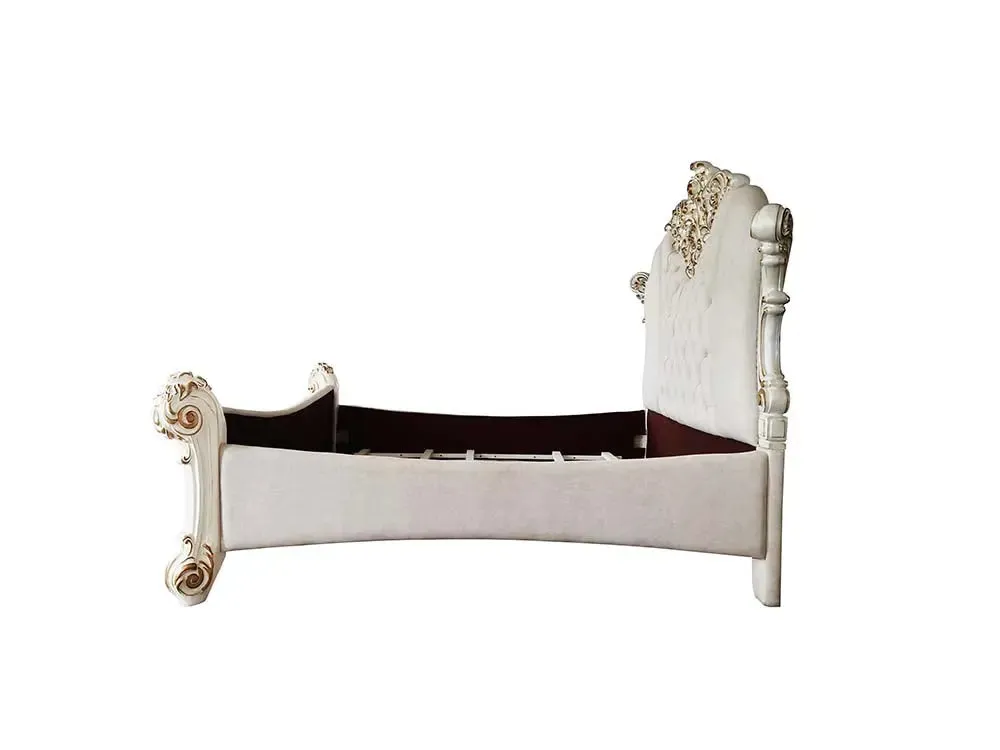 Wilson Queen Bed, Two Tone Ivory Fabric & Antique Pearl Finish