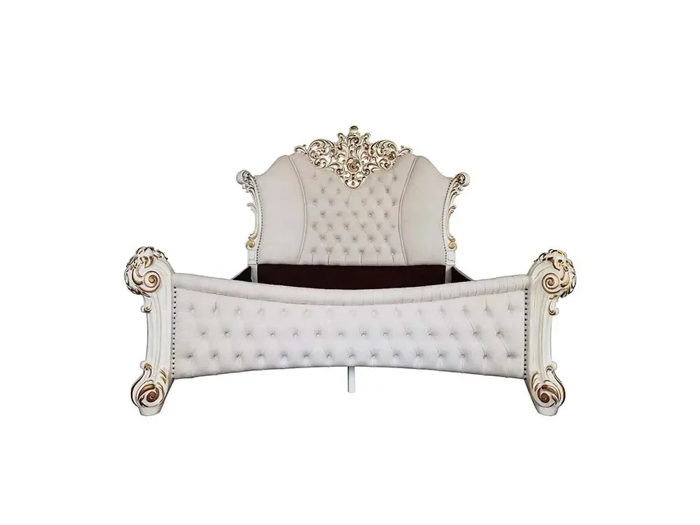 Wilson Queen Bed, Two Tone Ivory Fabric & Antique Pearl Finish