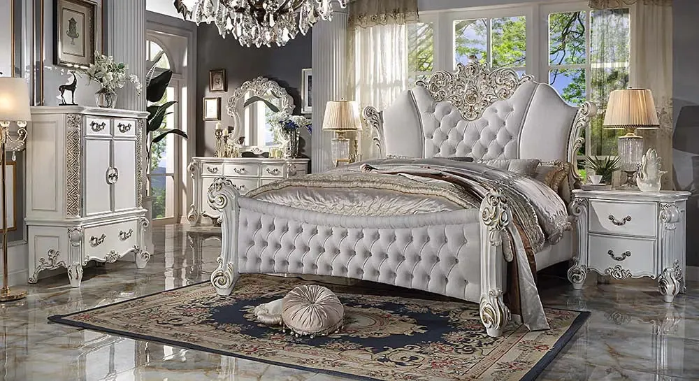 Wilson Queen Bed, Two Tone Ivory Fabric & Antique Pearl Finish